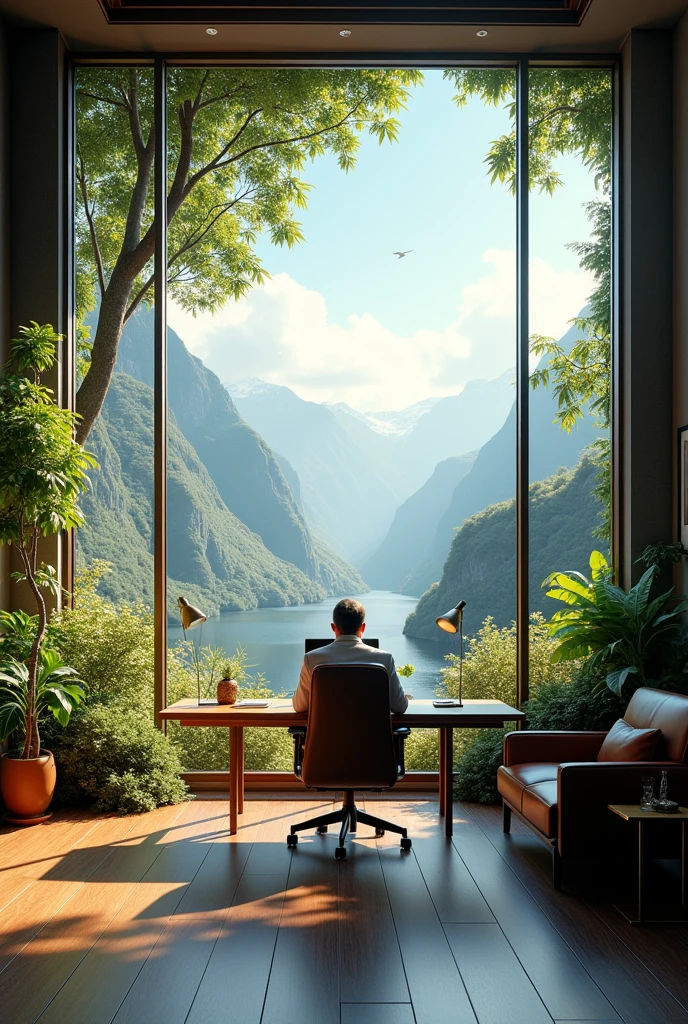 Image showing interior of an office of a CEO
The window should showcase the  that's too much environment,grass, flowers 