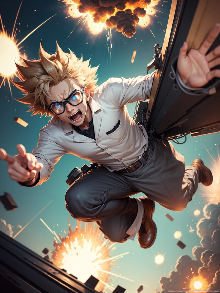 Draw in anime cartoon style, a mad scientist being thrown far away by a not so distant explosion in an incredible scene. Put on goggles and make him look like he's having fun with the situation with a big smile.