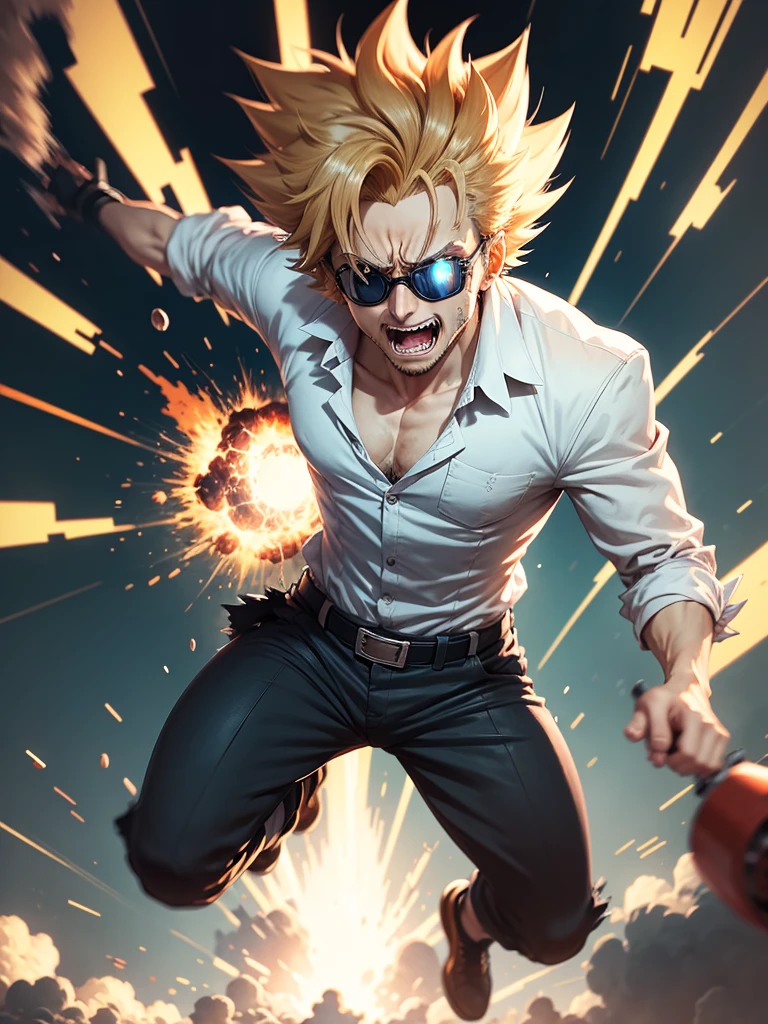 Draw in anime cartoon style, a mad scientist being thrown far away by a not so distant explosion in an incredible scene. Put on goggles and make him look like he's having fun with the situation with a big smile.