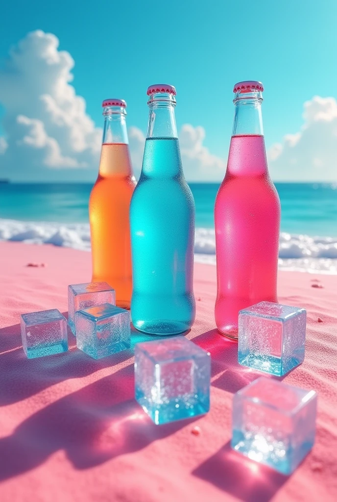 Beach background with ice cubes in the sand and soda bottles in the ice, All this in cmyk colors
