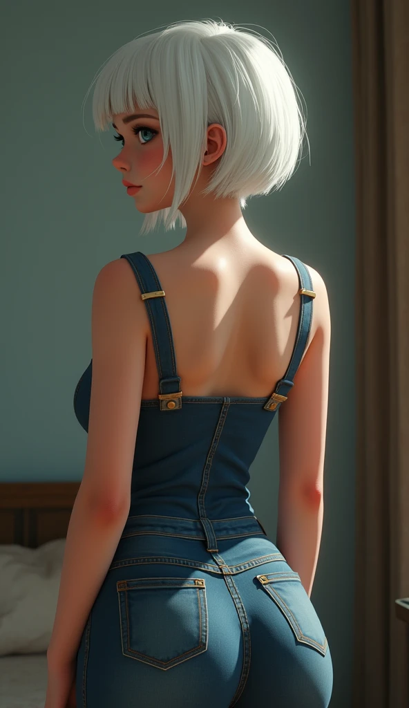 redesign, 1 girl, bowl cut, short white hair, overalls, shy, blue colored eyes, overalls, breasts big, in this, from behind, tight overalls, sweat