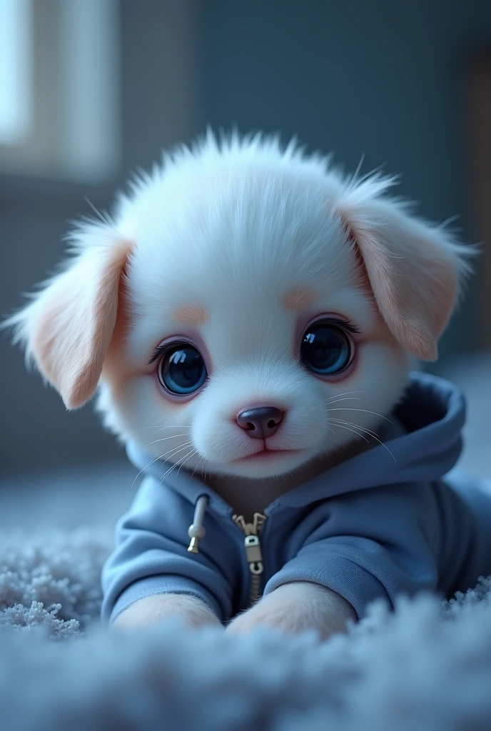 A shy floppy eared puppy colored Soft Blue, wearing a gray grey hoodie, the hood down, resting on his shoulders.