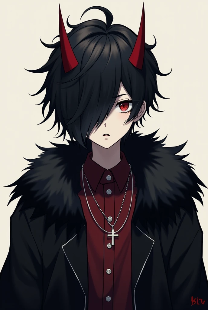 generates an image of a pale anime boy,with lots of messy, spiky black hair with two small red horns coming out of his hair, that her hair covers half her face to the point that her eyes cannot be seen, that only her mouth can be seen, nothing but her mouth, plus a completely black long-sleeved jacket, that is unbuttoned and that inside the jacket there is a smart dress shirt that is dark red and has white buttons and a necklace with a cross, Also put black fur on the top of the black jacket