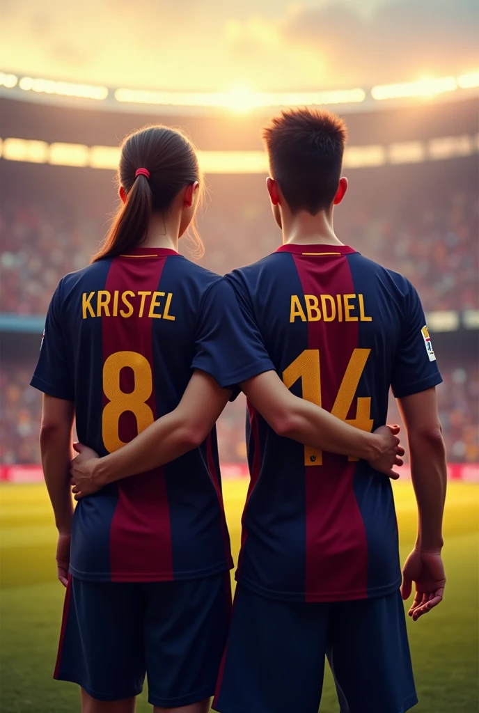 Woman and man from behind looking forward wearing the Barcelona shirt with the numbers 8 and 14 with the names Kristel and Abdiel with the girl&#39;s hair tied to one side and jeans in a football stadium and the man without a beard 
