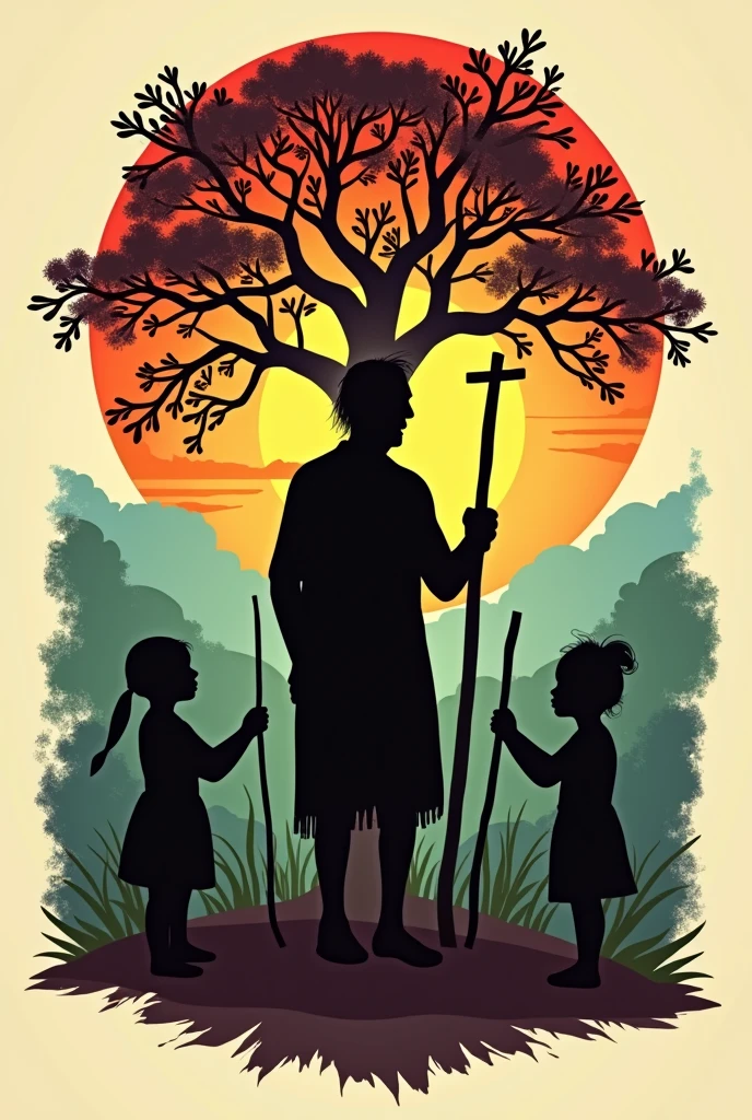 Design something traditional with the indigenous Colombian culture of the Cundinamarca territory, with brown colors, greens, blue, oranges and reds, in which the background is a silhouette of an indigenous elder, with a circle of life , The silhouette has to be of an elderly indigenous man or woman., In the front, indigenous children dressed in traditional costumes and playing with sticks.
Give me more logo design, includes a tree.
give me darker colors, and only the silhouette of the old indigenous man can be seen, Believe me as a logo for a festival, make it more illustrative and the mulatto children , Give me more towards the Muisca culture, that represents the feelings of our dead and the knowledge of our elders.
Create me a tree where on one side are the living and on the other side the silhouettes of the dead, add a text that says JIZCA CHIA ZHUE FESTIVAL