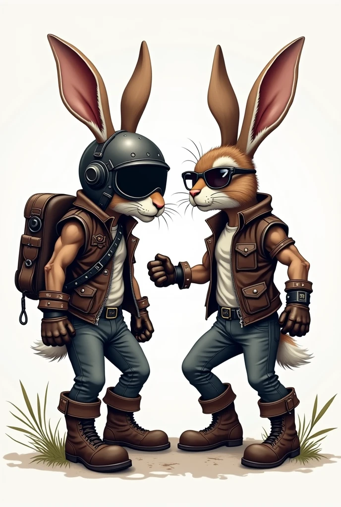 Create a slightly aggressive vector logo with two naked rabbits, One with a helmet with his ears sticking out of the helmet, plus a leather vest and boots, the other a female with glasses a leather vest and boots
