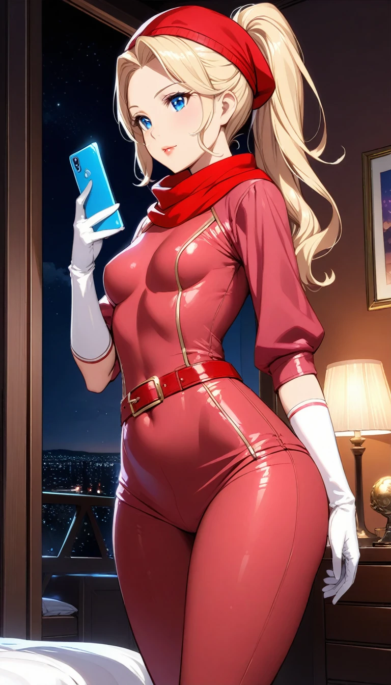 Beautiful 47y old woman with long ponytail blonde hair, layered hair, tied up hair, with ((blue eyes)), wearing ((Tight Low-Rise Dark Red Leggings)), ((Sexy Mid Sleeves Bright Pink Dress), ((Leather Red Belt)), ((Red Scarf), ((Red Cap)), ((White Gloves)), standing in her bedroom at night, holding her cellphone, (caucasian skin), (light brown lipstick), (elegant mascara), (slim body), (small breasts), (wide hips), endjourney, <lora:GoodHands-, <lora:GoodLegs-, UHD, high resolution, (masterpiece:1.9, best quality), (expressive eyes, perfect face, full body, expressive face, perfect body, perfect pussy, athletic, fit, slim body, blushing, Perfect makeup, eyeliner, beautiful eyelashes, smiling, horny face), ((best illumination, best shadows)), ((sexy pose)), score_9_up, score_8_up, score_7_up