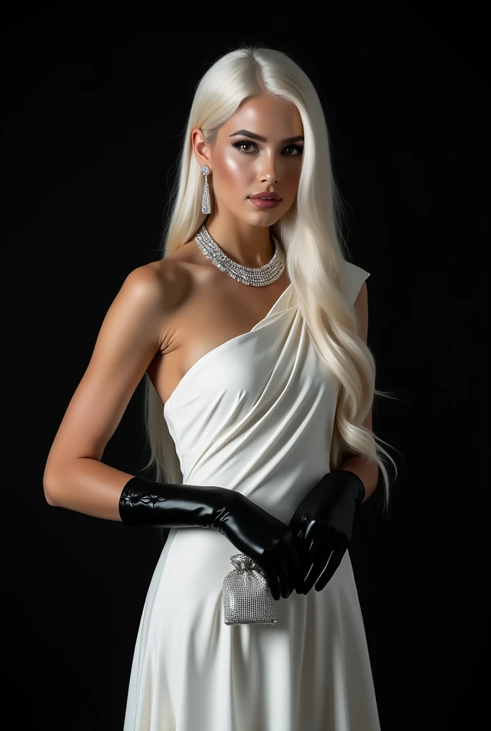 A woman with long, straight white hair,She will wear an elegant white dress and will wear a diamond necklace and black gloves.,I want her posing like a model against a black background,I want her standing and holding a bag of diamonds in her hand 