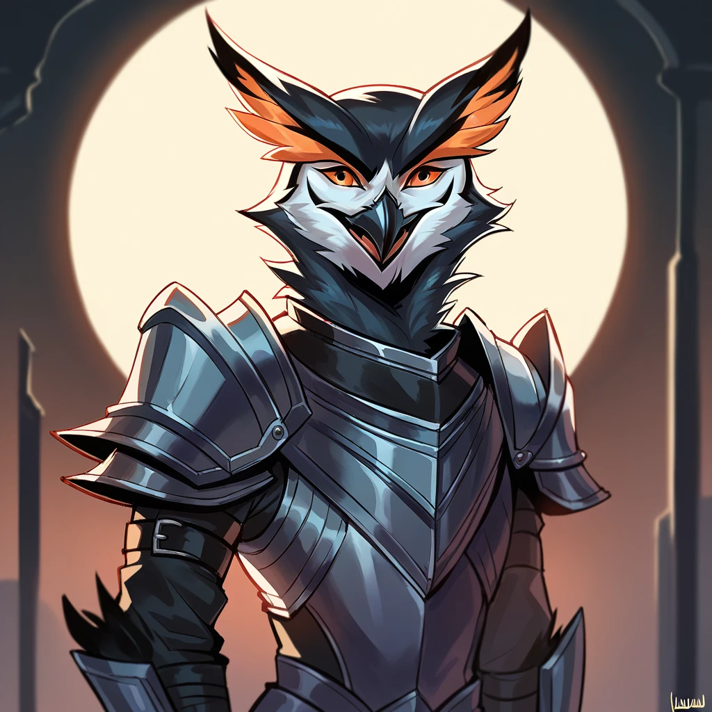 obaum, score_9, score_8_up, score_7_up, score_6_up, owl, with ebony black feathers and orange eyes in demonic armor