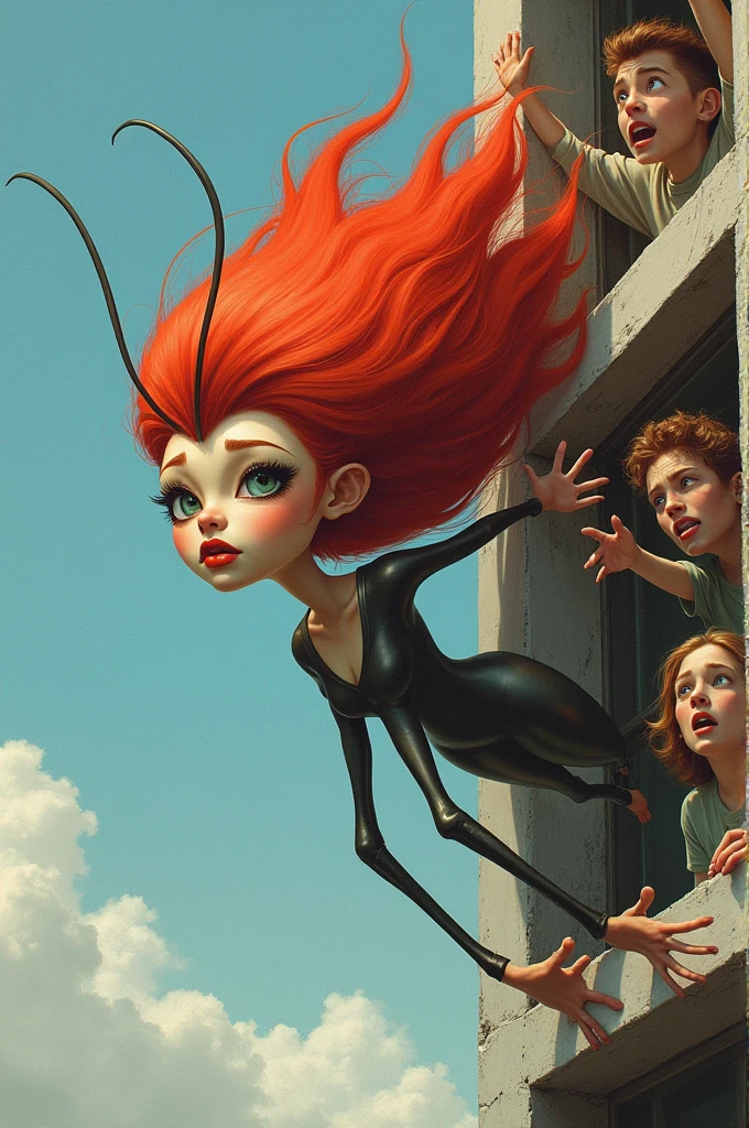 ((best quality)), ((masterpiece)), (detailed), perfect face Draw a cricket with feminine features and a humanoid body, maintaining its natural characteristics such as antennas and exoskeleton, and with giant red hair, smooth and fluid, that moves with the wind. She is hanging from a rope that extends from a window of a tall, modern building.. Below her, several people are visible through the windows, stretching out his arms and trying to reach her with expressions of frustration and effort. The surrounding environment should reflect the urgency of the situation, with a contrast between the figure of the cricket and the urban setting."