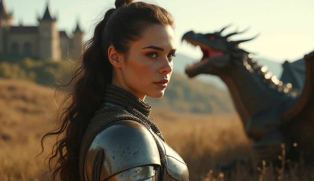 A (full length:1.4) (modern comic book cover:1.0) of Daisy Ridley with Long hair with random sections twisted into thick, pointed spikes, held in place with strong-hold gel. hairstyle , as a ,(Amid the craggy peaks of a towering mountain range, a female human Gold Dragon (photorealistic:1.35) watches over her protected realm. Her face, bedecked with (golden, majestic makeup:1.2), mirrors her dragon-born wisdom. She stands regally, mighty wings extended, commanding a breath-taking dragonflight. Her majestic presence and merciful heart depict the guardian spirit of her mythic path:1.4)., <lora:daisy_lora_sdxl_v1-000008:0.8> ohwx woman, ohwx, String lights as a bokeh backdrop (Bokeh String Lights)., (Aged Paper:1.3),Eve Ryder, comic book, a comic book panel, sots art