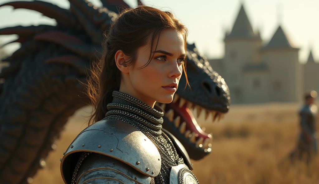(masterpiece), (extremely intricate:1.3), (realistic), picture of a woman fightinga dragon, the most beautiful in the world, (medieval armor), metal reflections, upper body, outdoors, intense sunlight, far away castle, professional photograph of a stunning woman detailed, sharp focus, dramatic, award winning, cinematic lighting, octane render unreal engine, volumetrics dtx, (film grain, blurry background, blurry foreground, bokeh, depth of field, sunset, motion blur:1.3), chainmail