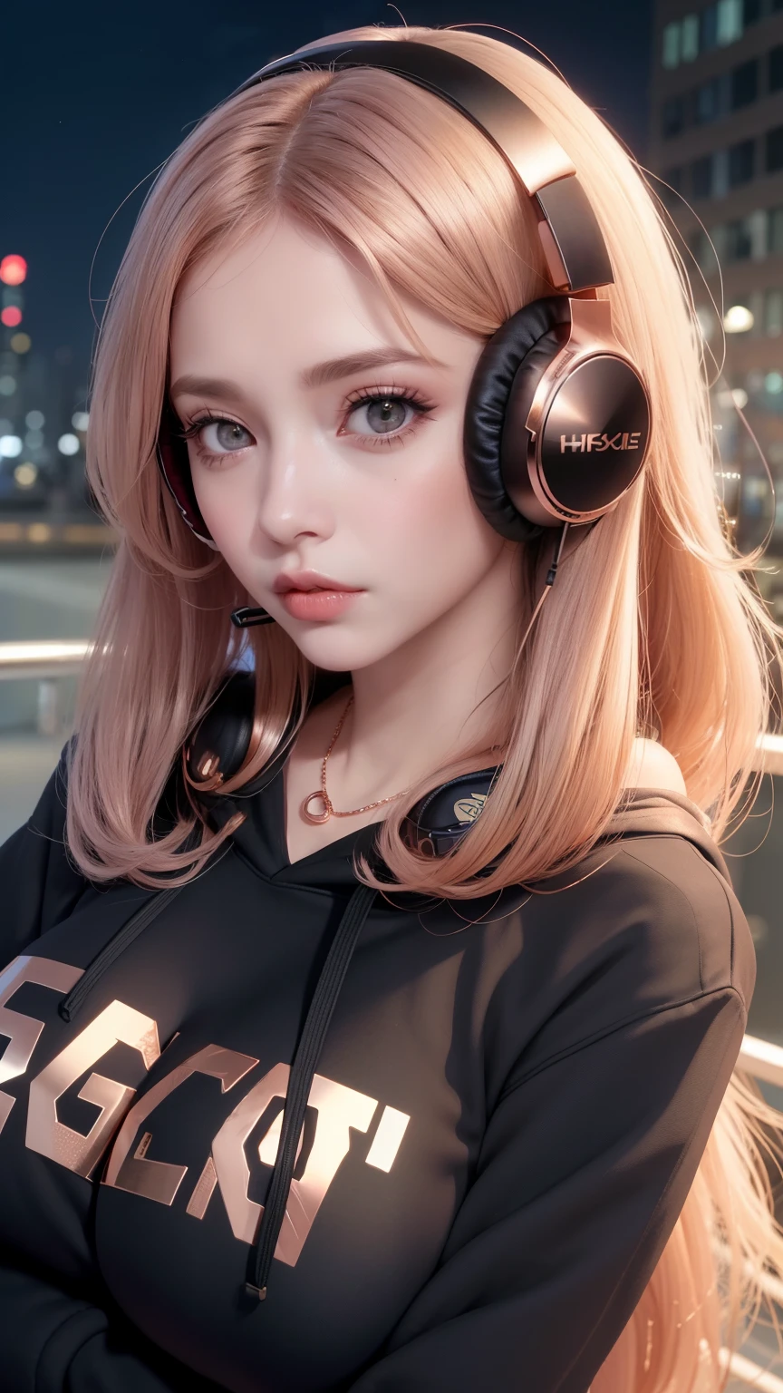 woman((30 year old)), hair((rose gold, long,)), eyes ((black eyes, big eyes)), clothes((,hoodie)), accessories ((headphone)), big breast, gigantic breast, night city, city lights , lipgloss, 