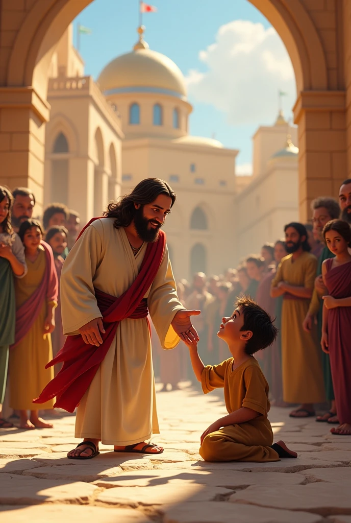 Jesus heals a boy who is sitting in old Jerusalem, a miracle, Disney pixar style