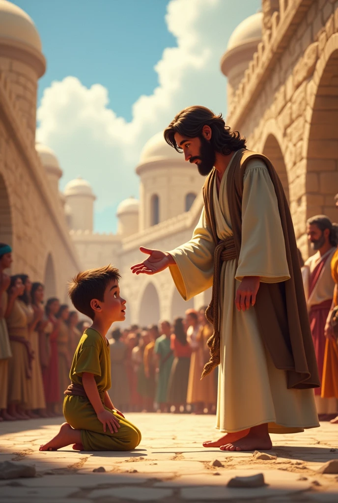 Jesus heals a boy who is sitting in old Jerusalem, a miracle, Disney pixar style