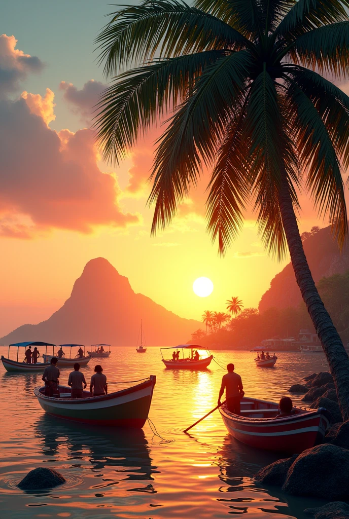 Create image of a sunset in I rio with boats anchored near a coconut tree