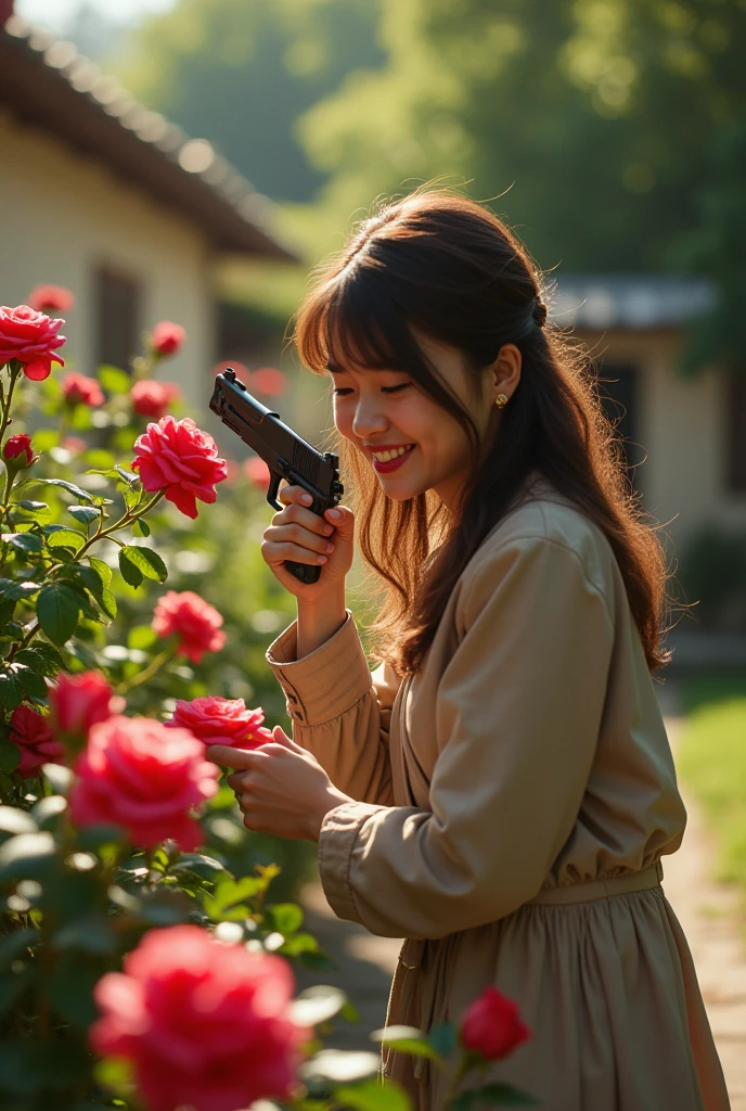 Woman happy for her roses, man shooting in the heart