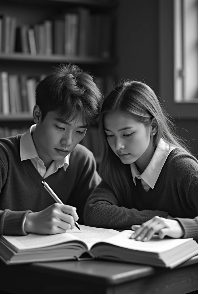 two young people (man and woman) 20 and 2 at school studying, old black and white image