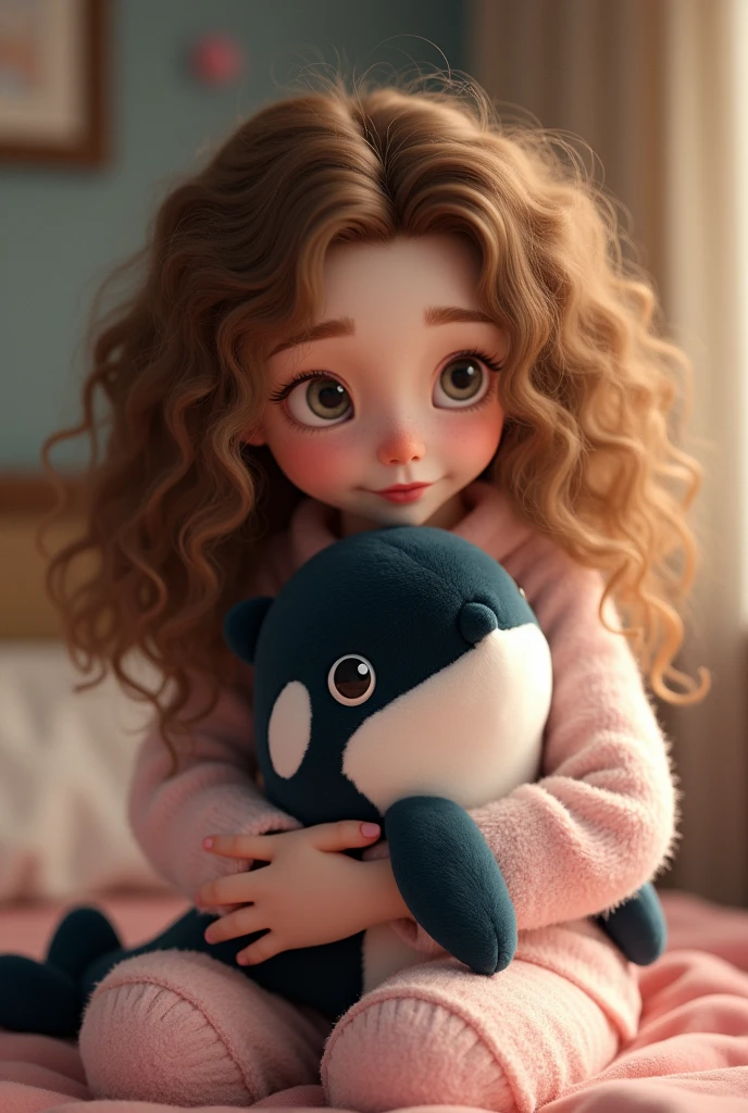 young adult woman with very white skin, western, with light brown curly hair, wearing pajamas, hugging a plush orca whale. with a pixar style