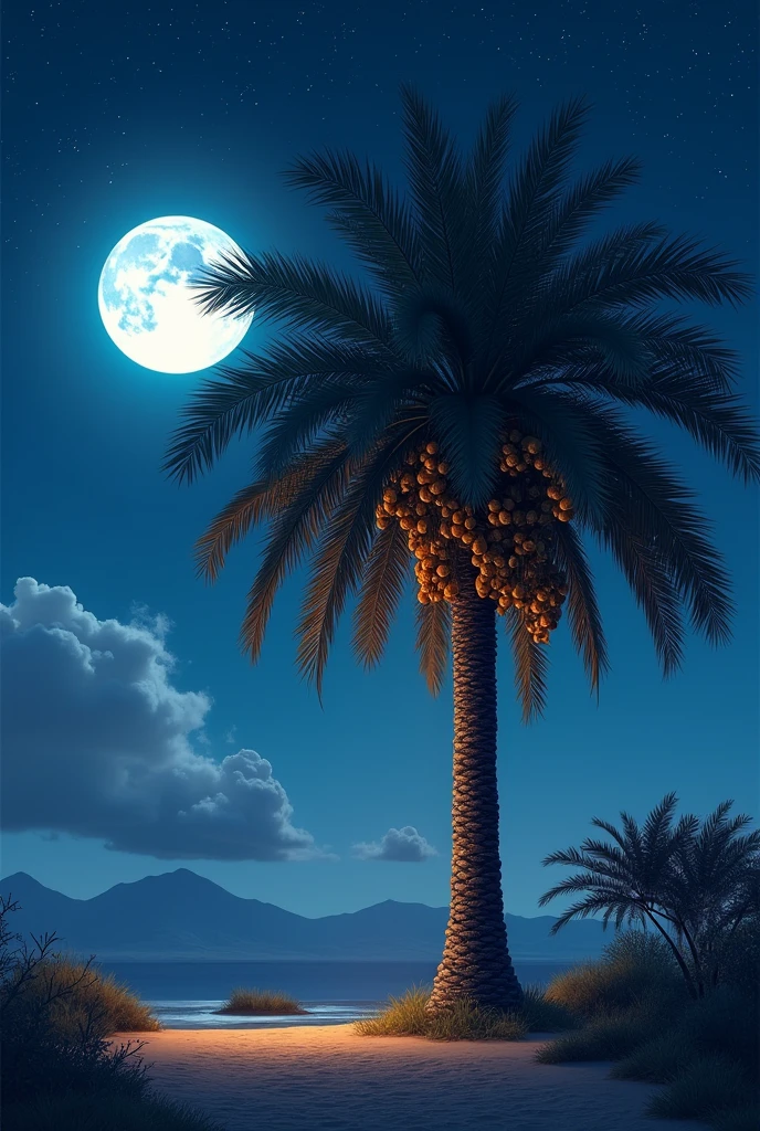 High quality image, best resolution, there is date palm tree. With long leafs, full of dates, night times, blue sky with gray clouds. Small stars and big white moon , mountain in the left side