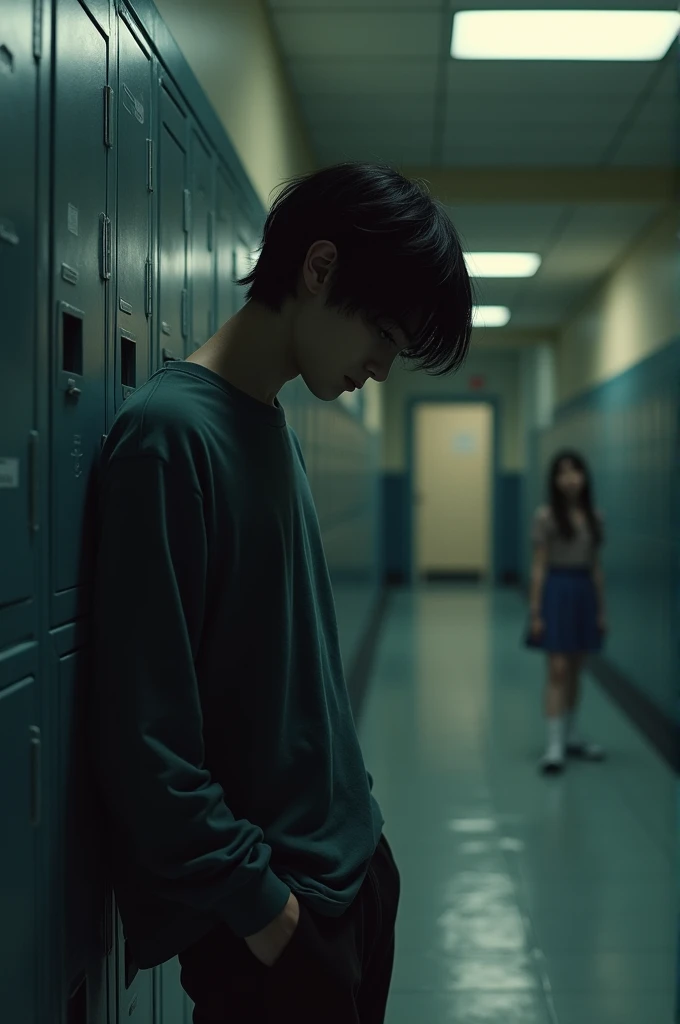 A mature black haired boy leaning in a school hallway, being watched by a fair-haired girl with captivating beauty. ultra quality