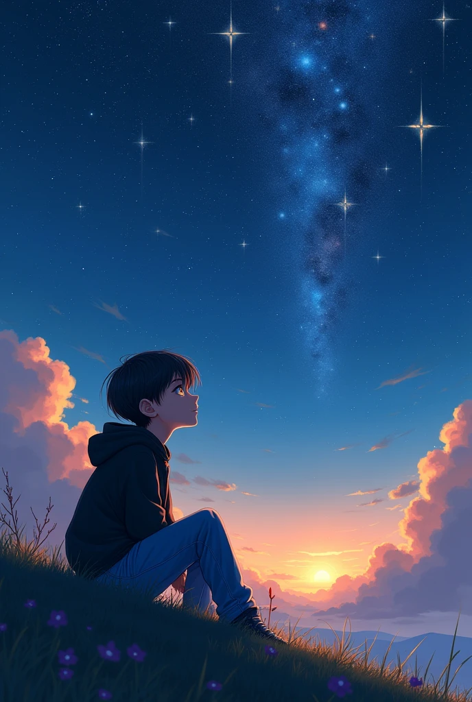 (masterpiece,top-quality) ((1 boy)),hairstyle on:Bob Hair,Cut your bangs,13years,cute little,Hair color:Mixed colors,Eye color:yellow,Background with:Starry sky,(natta),on a hill,sitting on,Looking up at the sky,Look up,Fantastical,garments:Black hoodie,Loose jeans