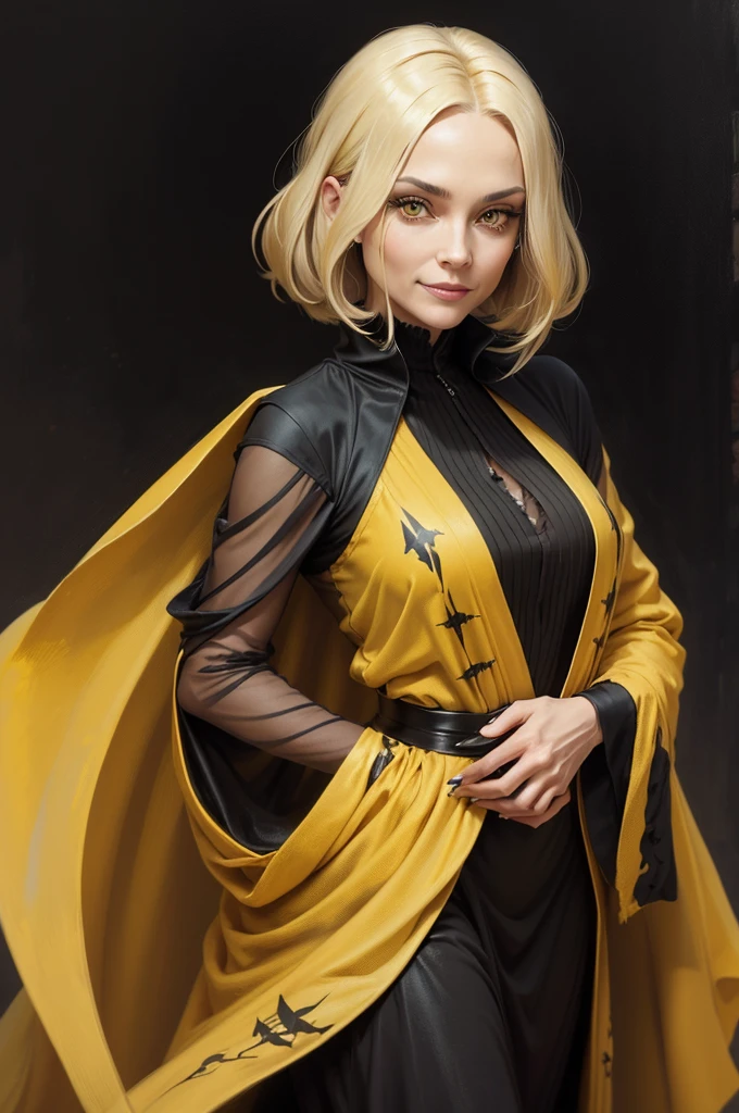 a painting of a 40-year-old woman in a dreary atmosphere, regular sized amber eyes, light skin, older woman, wearing luxury clothes: dark yellow gown, golden-yellow coat falling off shoulders. hair styled in a witch-like large bob, sharp facial features, looks like Cruella Deville, hands clasped together over naval(standing still for painting), proud smiling expression, crow's feet around eyes, bleak, very light blonde hair. background: dull black, flat charcoal-colored background. soft shading, drawing outlines