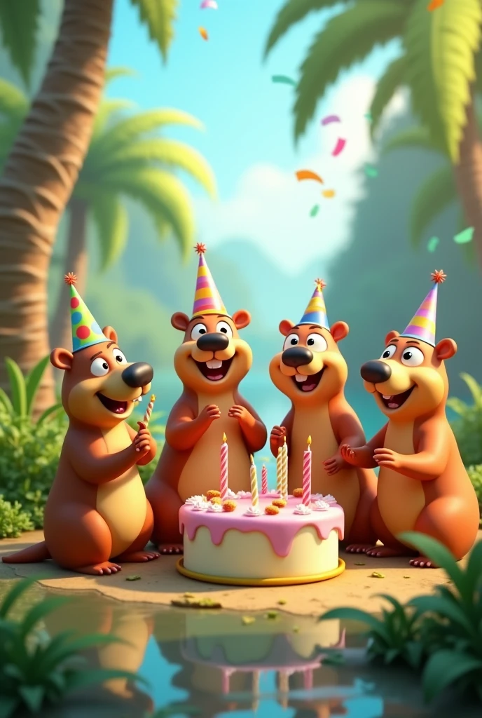 Drawing of happy capybaras celebrating a birthday in 3d style. Features of South American capybaras