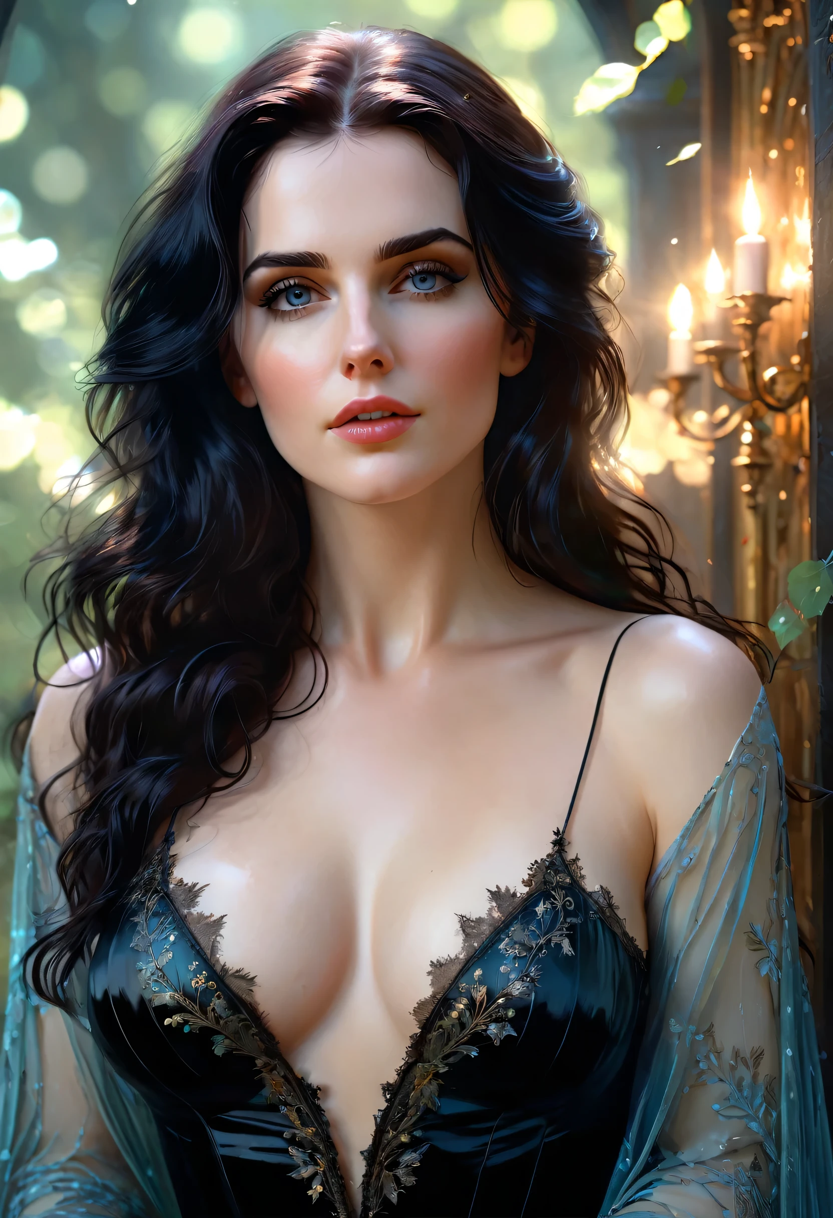 A full figure portrait, beautiful woman yennefer of lust decolletage, long hair, nude, thron, enchanted aura, ray tracing, subsurface scattering, bokeh, gorgeous fantasy scenery, bright day, Painting by Harrison Fisher and WLOP, Artgerm, Alan Lee, expressive eyes, filigrees, (Carne Griffiths 0.6), (Sienkiewicz 0.4) cinematic lighting, highly detailed full body face and clothing. vibrant, wonderful, very stylish, glamorous, appealing, classy, majestic, stunningly beautiful