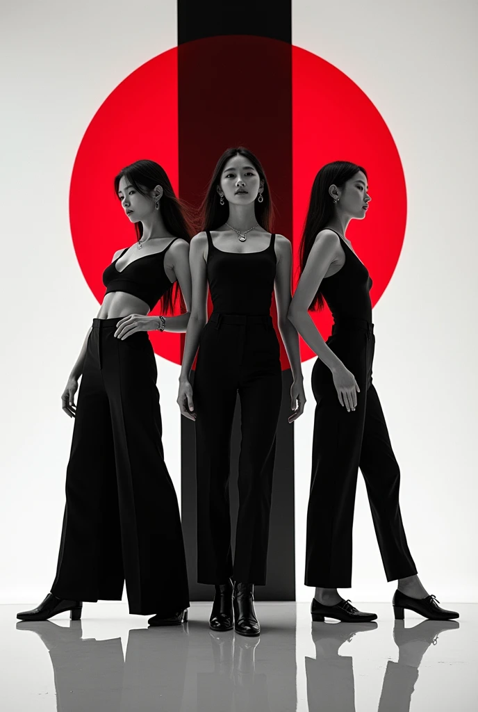 Three Korean female kpop dancers in black and white theme with middle letters in the middle written forever in red, album layer style 