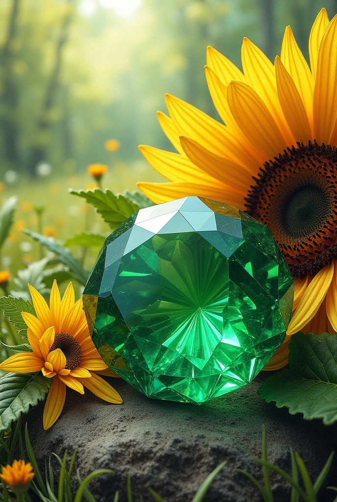 I want the drawing of an emerald with a sunflower