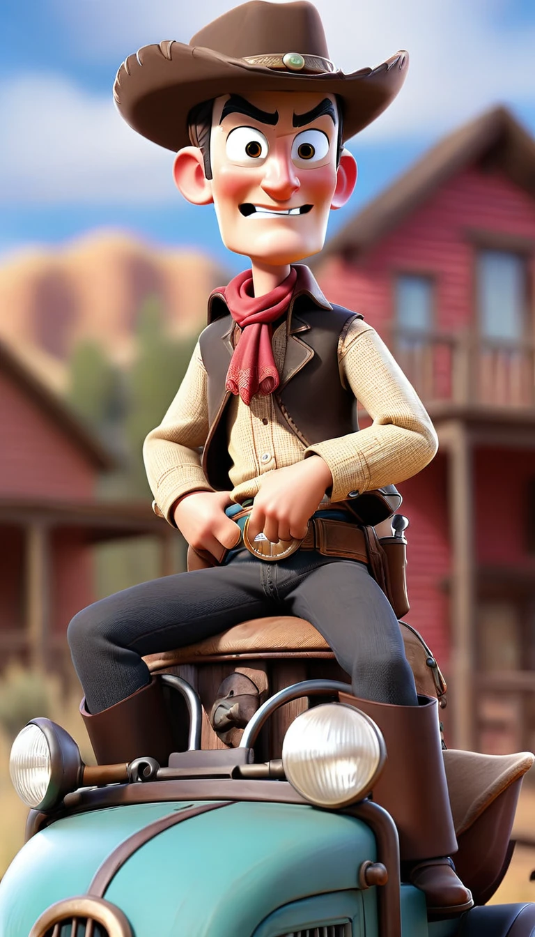 Buddy the cowboy driving a hearly davison, wild west background, full shot