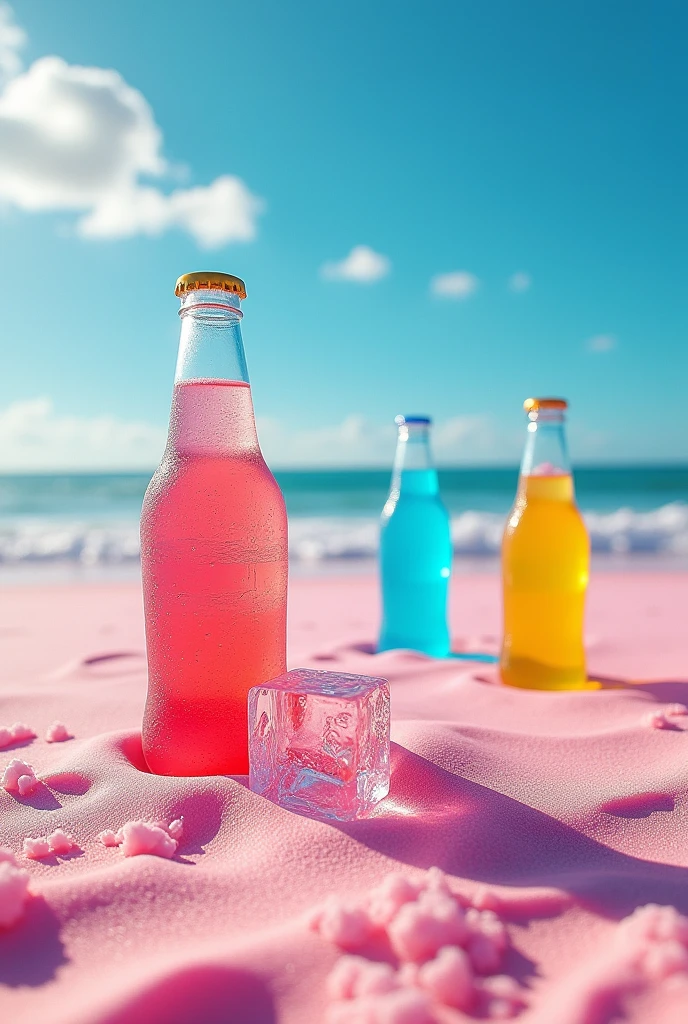 Beach background with ice cubes in the sand and soda bottles in the ice, All this in cmyk colors
