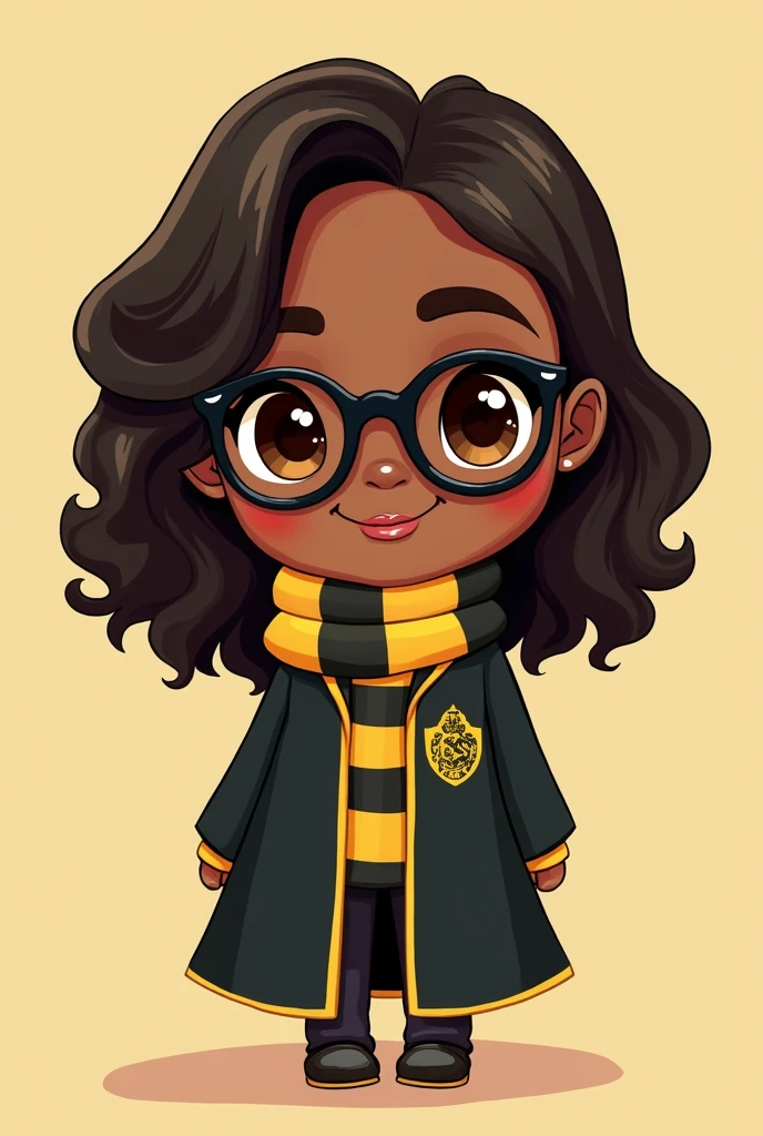 A chibi-style illustration of a 2 woman with shoulder-length, curly layered hair. She is black and has an oval face with large, prominent cheeks and full lips. Her eyes are large and brown, framed by black cat-eye glasses that add a touch of style. She is dressed in a cute Hufflepuff outfit, including a black cloak with yellow trim and a yellow and black striped scarf. The Hufflepuff crest is visible on her chest, and she has a cheerful and loyal expression, with a simple, pastel background to emphasize her features.