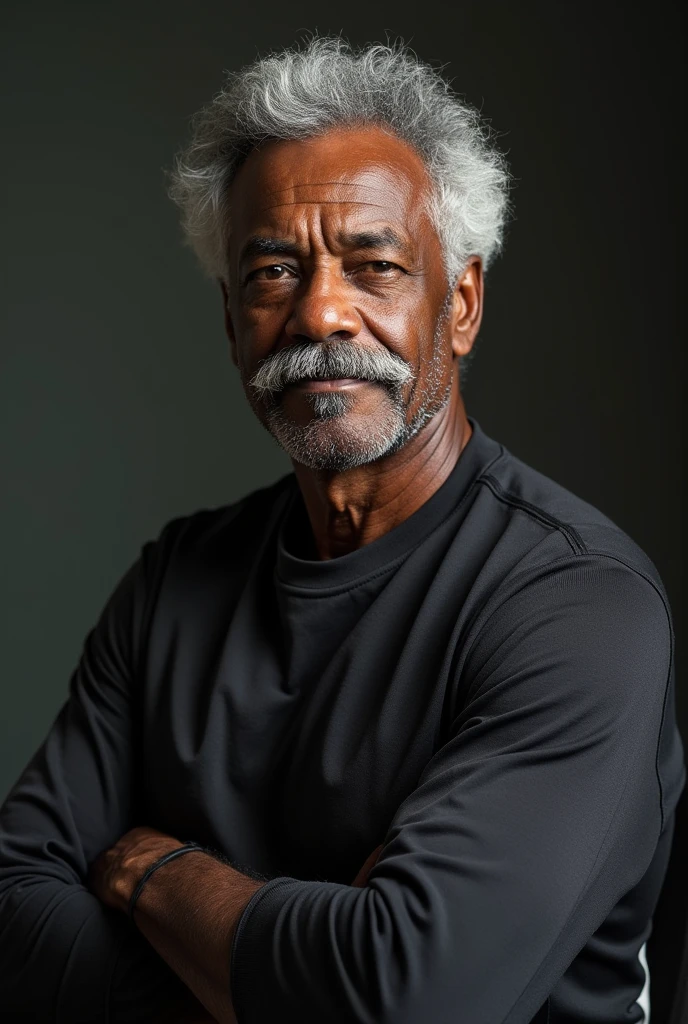 "He is a dark-skinned Black man. His height commands respect, as he is a tall man. At 80 years old, he remains in great physical shape, being a dedicated volleyball coach. His physique is athletic, and he sports a thin mustache that complements his strong and imposing appearance."