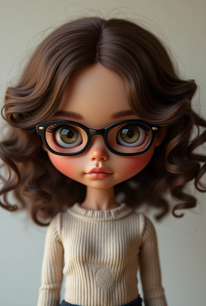 blythe doll medium curly hair brown whith glasses, with curly hair and slightly dark skin without bangs, the bangs to the back with the forehead DO IT WITHOUT BANGS, THE SKIN IS A LITTLE DARKER IN THE SAME WAY, WITHOUT BANGS, HAIR TO THE SIDE PLEASE