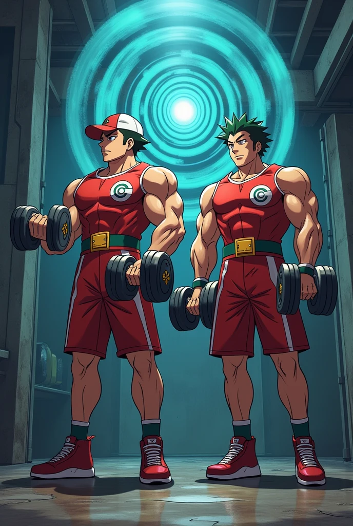 Ash Ketchum and Gary Oak from Pokémon wearing Team Rocket uniforms while lifting dumbbells in a gym staring ahead blankly into a monitor displaying a spiral while repeating the mantra, "Obey Giovanni...." and growing into muscular Team Rocket grunts loyal to Giovanni. big biceps. big triceps. broad shoulders. big traps. Broad chests. big traps. big deltoids. Big lats. Anime. Animated. Digital painting.