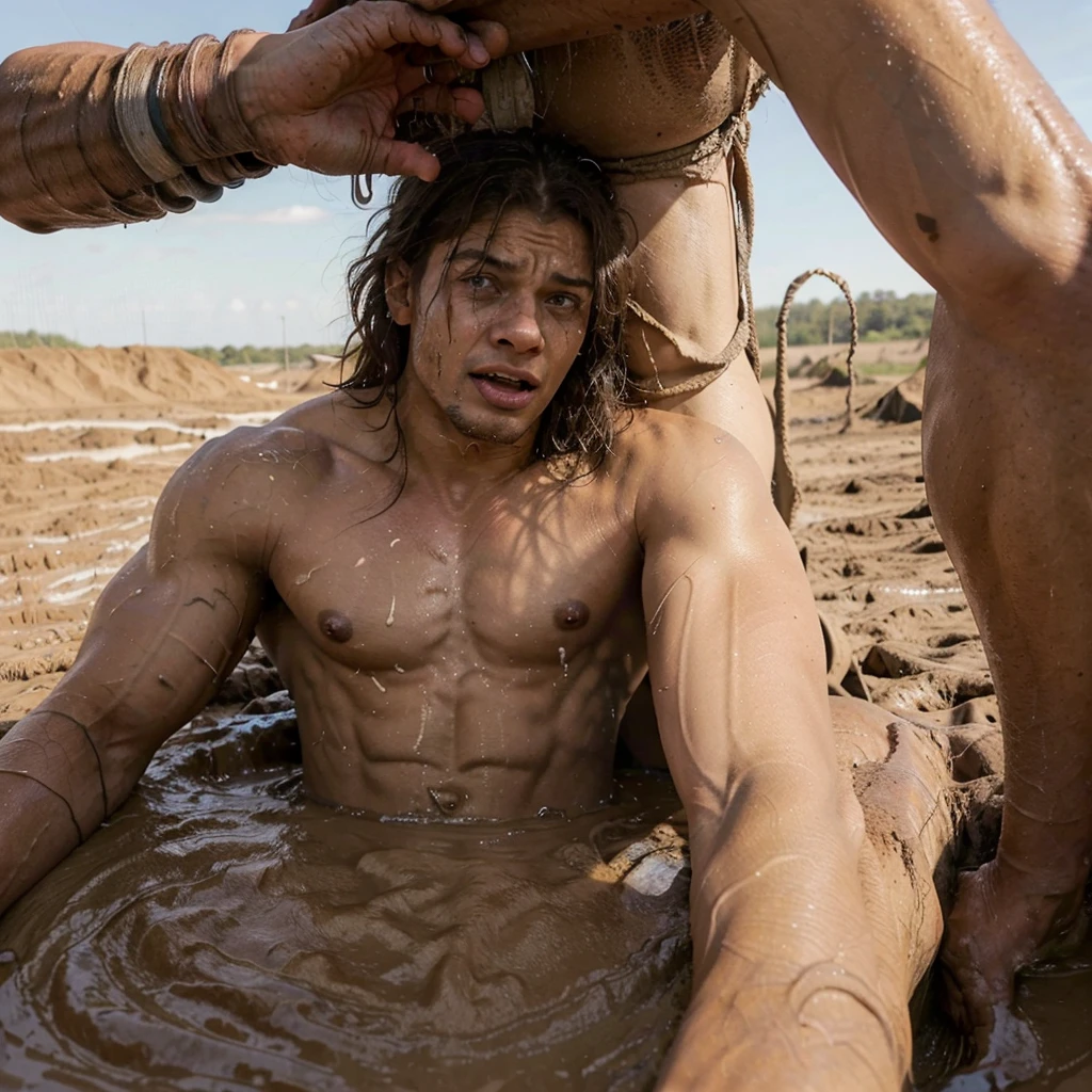 shirtless muscular man, sinks in a mud pit down to his shoulders, mud smudged on his toned chest and face to emphasize context of struggling to get out of the mud pit, determined face expression, 