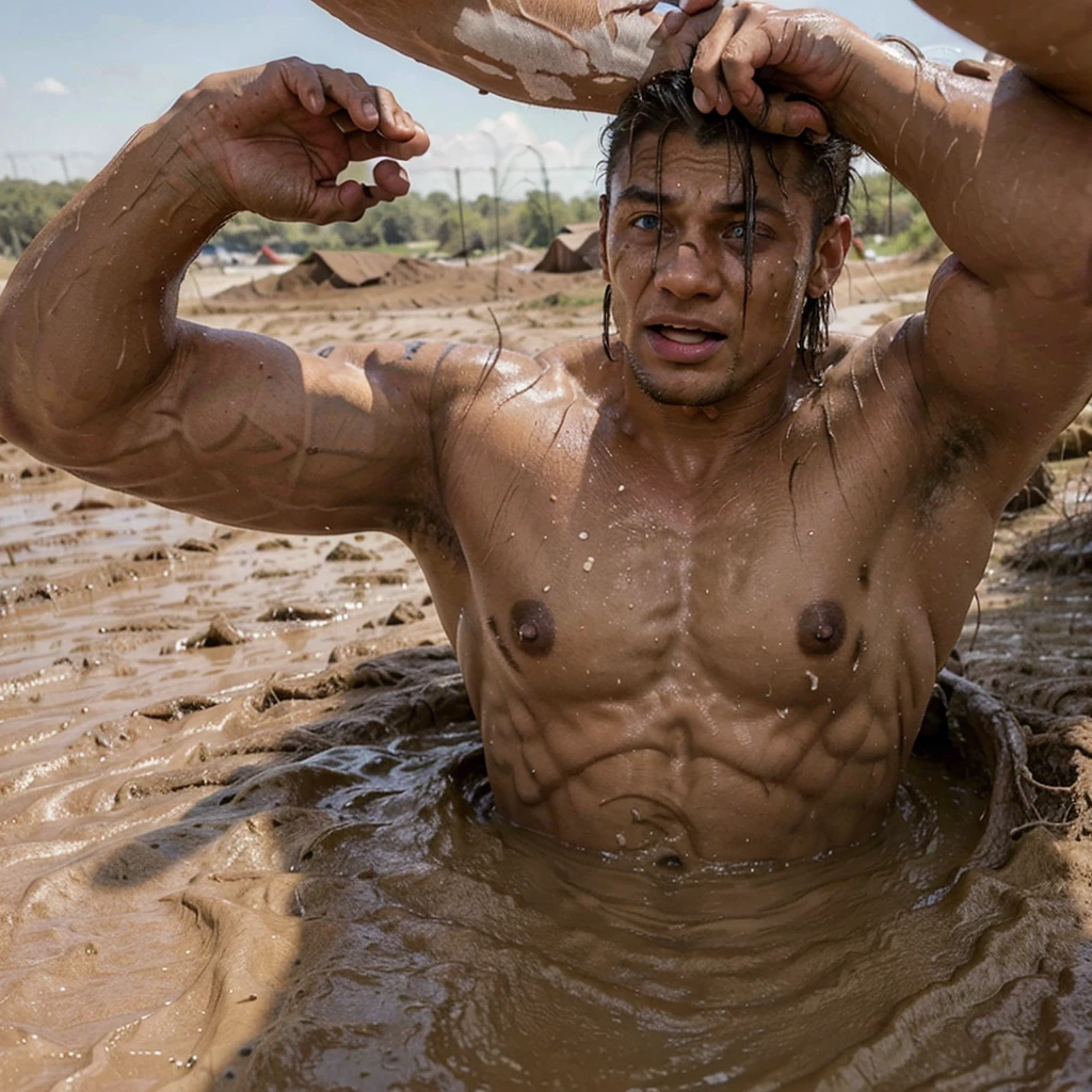 shirtless muscular man, sinks in a mud pit down to his shoulders, mud smudged on his toned chest and face to emphasize context of struggling to get out of the mud pit, determined face expression,