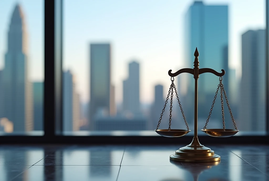 lawyer's scale, without people in the photo, background window and city