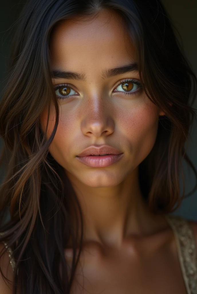 A brown-haired indigenous woman with honey brown eyes