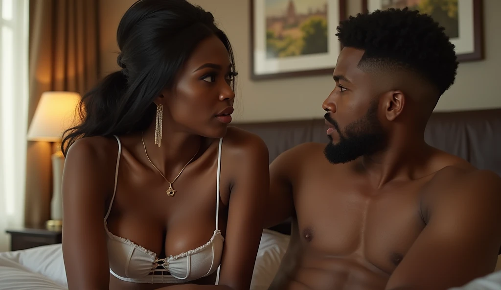 20-year old sexy, hot Nigerian female prostitute discussing with her male client in a hotel room.