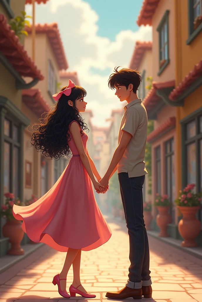 Make 1 woman from behind, Bblack hair, long and curly. She wears a pink bow in her hair and carries a. The woman is wearing a flared midi dress and is on a street with houses. Holding hands with the woman make a tall man, with brown hair and a disguised haircut