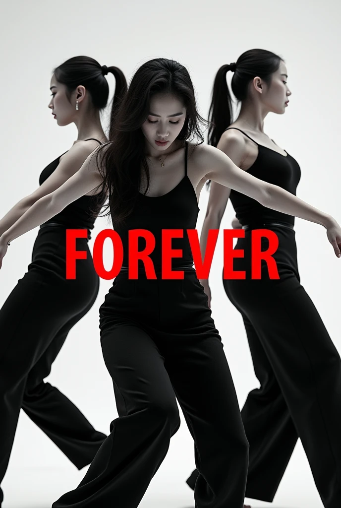 Three Korean female kpop dancers in black and white theme with middle letters in the middle written forever in red, album layer style