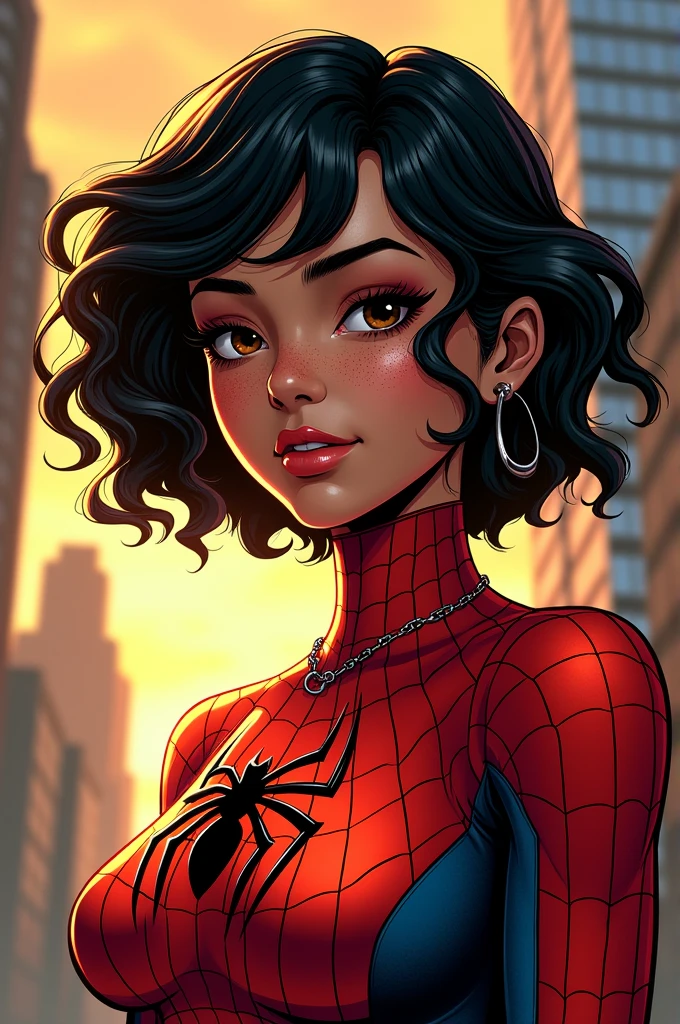 Make me a comic book girl dressed as spiderwoman, Short black curly hair with yellowish tones below, semi-slanted eyes, semi-wide nose with freckles on parts of his face, face outlined with something round, Very pretty semi-wide lips and dark skin, black eyes with some brown