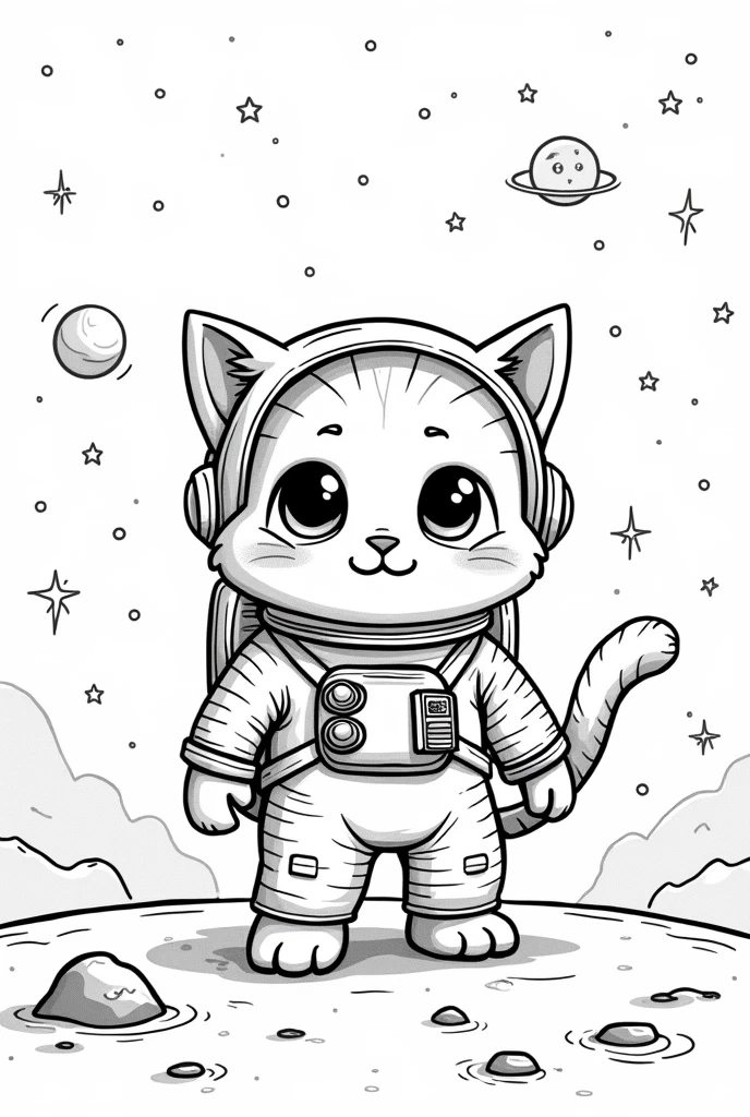 Black and white line drawings.for children to color in coloring book with an astronaut cat theme