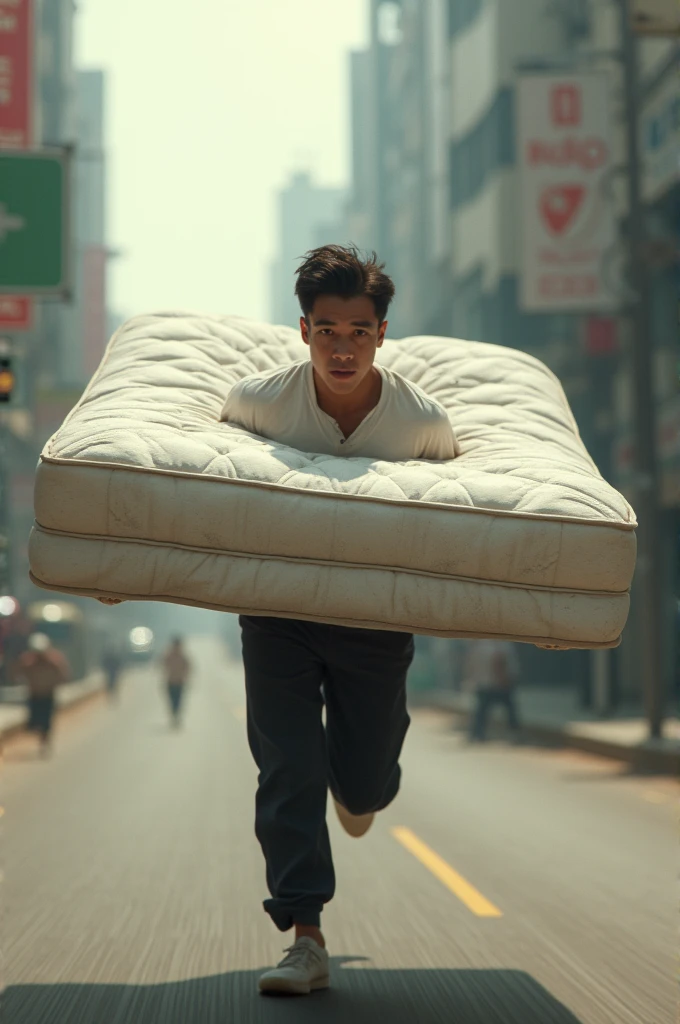 Carrying a mattress with your hands and running