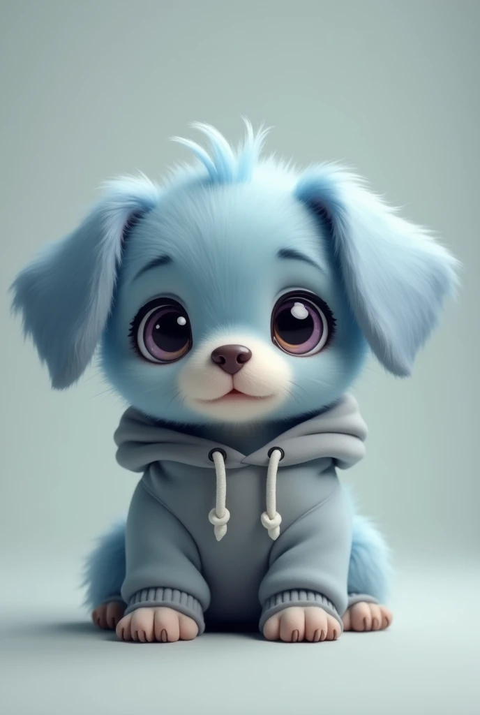 A shy floppy eared puppy colored Soft Blue, wearing a gray grey colored hoodie, the hood down resting on his shoulders.