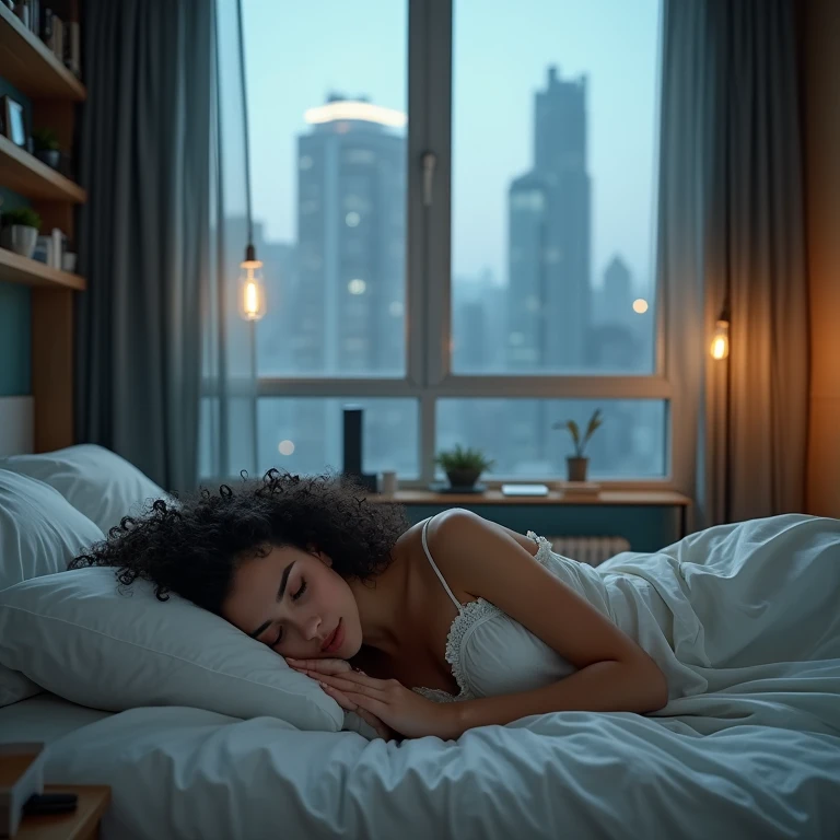 realistic photo of a (pretty girl, 20 years old, brunette, black eyes) asleep flat at her bed, (full lips) , ((perfect face)), [[mild smile]], proportionate body,mixed herritage, beautyfull, beautyfull face, tanned skin, two arms, two legs, five fingers by hand, full body, (curly black long hair), brunette girl), , Apartament into glass building, cyberpunk city behind glass panel, sleeping flat on messy bed, nightgown, stuff at shelves and at floor, flat tv screen in front of the bed
