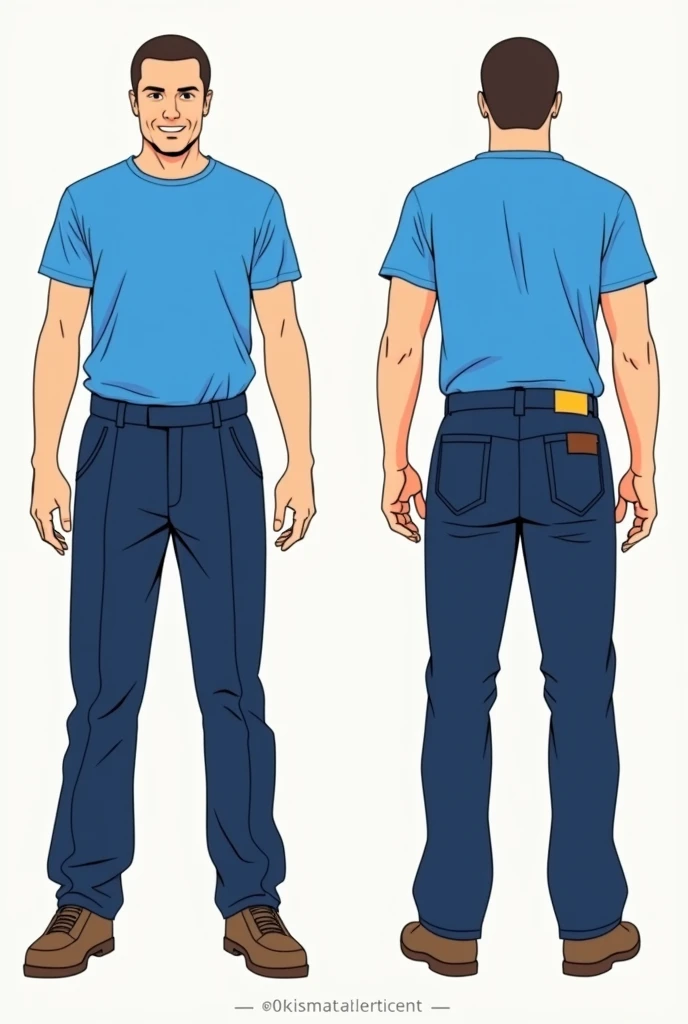 Drawings of people from the front and back wearing safety clothing, blue t-shirt and navy blue pants, which they use in the Quilmes brewery and malt house 
